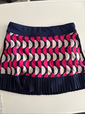 Pleated Geo-Print Mini Skirt in Pink, Navy & White